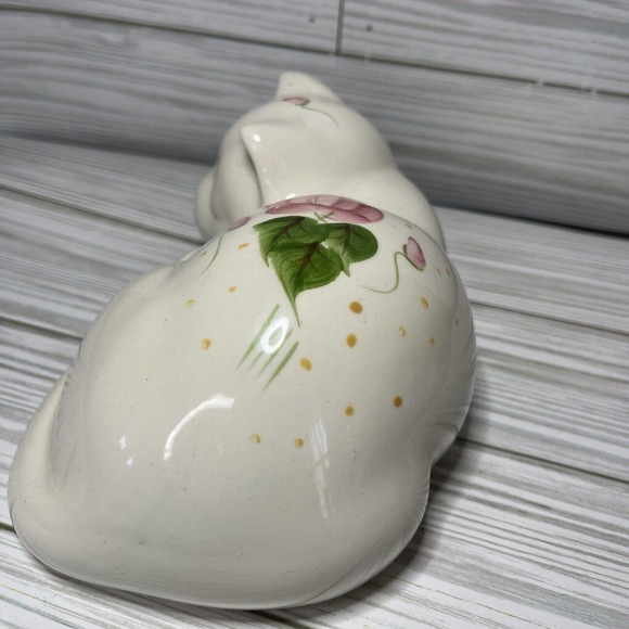 Vintage Hand Painted Pink Green Floral Ceramic Sleeping Cat Kitten - Picture 2 of 8